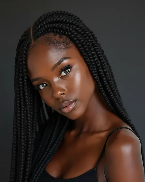 Portrait of a young Black woman with long, sleek black box braids and defined edges wearing a black tank top.