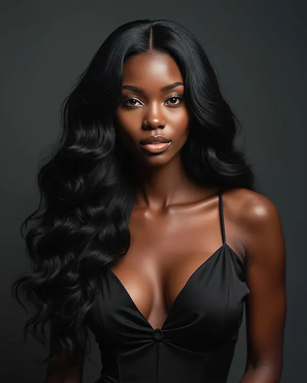Portrait of a beautiful Black woman with long, voluminous wavy black hair wearing a black spaghetti strap top against a dark background.