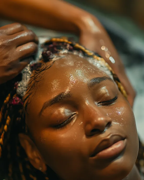 Close-up of a woman with blonde and black micro braids getting her hair washed with soapy lather at a professional hair salon.